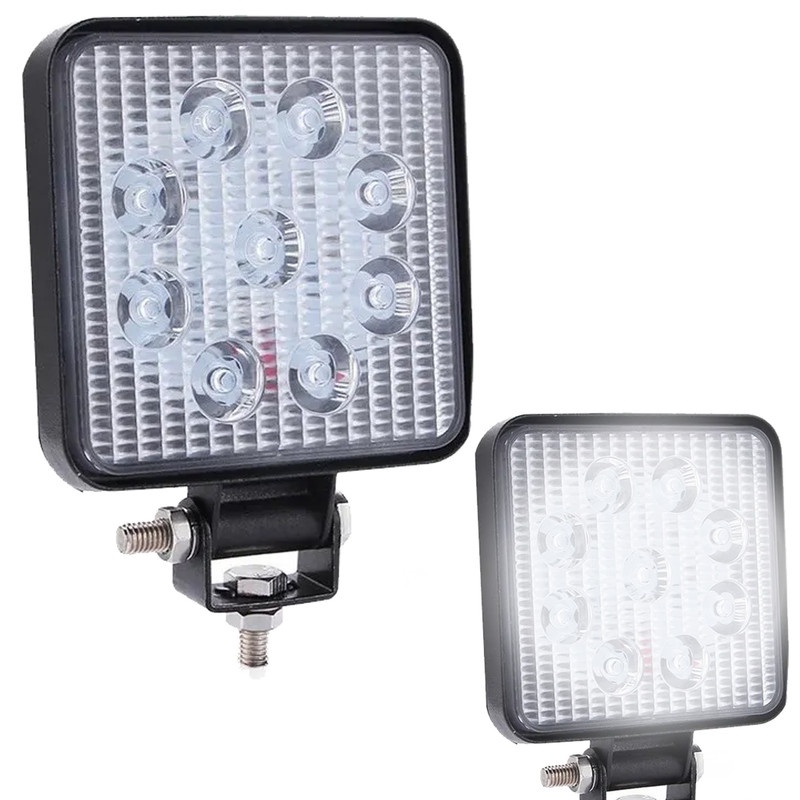 Farol de Milha LED Branco 9 Leds Quadrado Universal 12/24V 27W 6000K Bivolt - Automobiles
