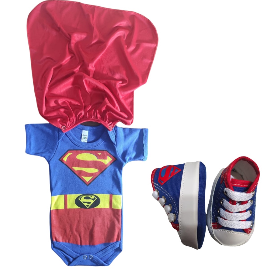 Kit Body Com Capa + Tênis Super Man Fantasia Mêsversário Menino Super Herói Super Men Promoção Barato Super Homem