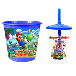 10 Copos Twister + 10 Baldes de Pipoca Kit Festa Personalizado Super Mário