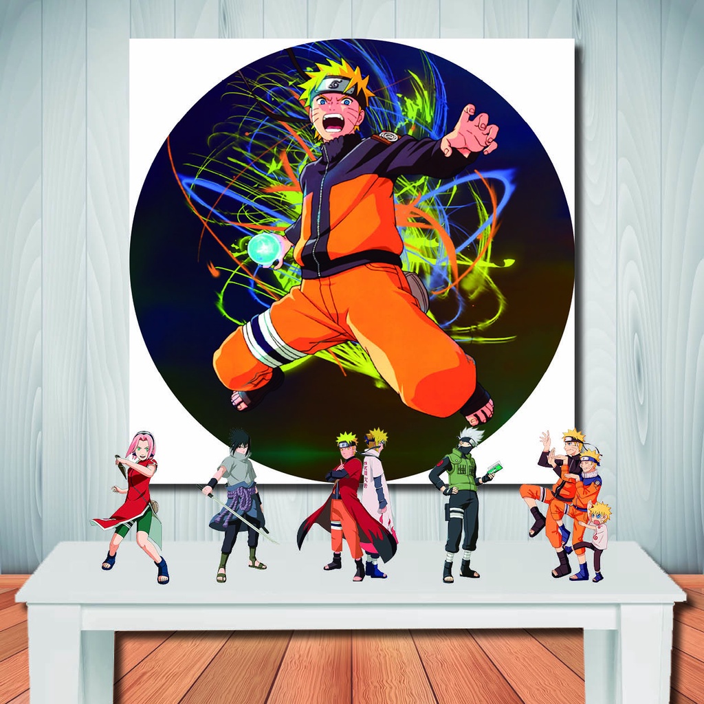 Kit Decoração Naruto Painel de Aniversário Redondo e Totem de Mesa