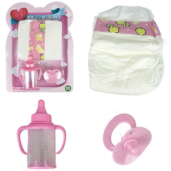 MAMADEIRA MAGICA PARA BONECA COM FRALDA + CHUPETA 3 PECAS NA CARTELA
