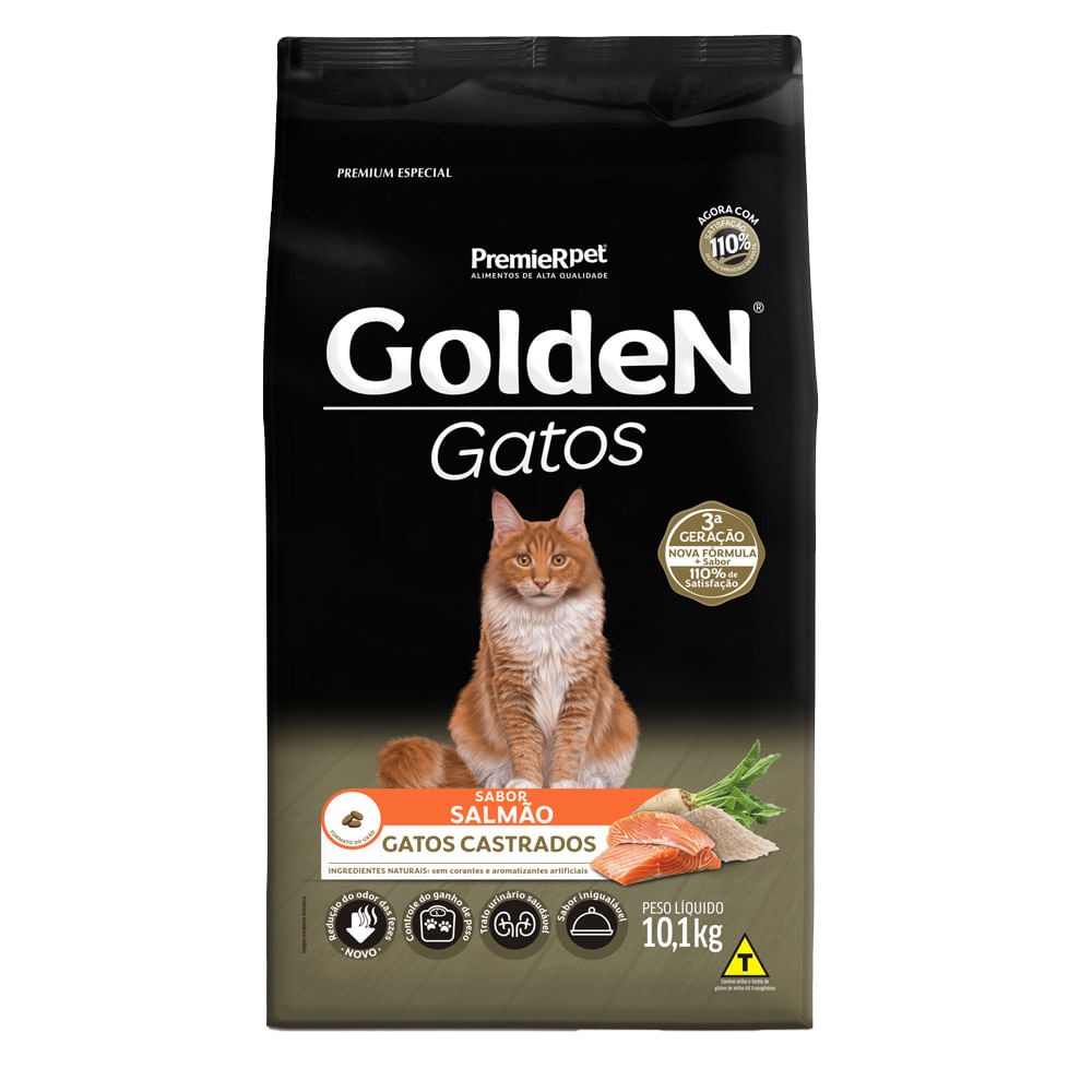 Ração Golden para Gatos Adultos Castrados Sabor Salmão - 10,1kg Premier Pet para Todas Todos os tamanhos de raça Adulto