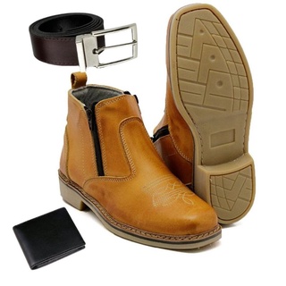 Kit Botina Zíper Unisex Bota Country Couro Legítimo + Cinto + Carteira