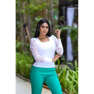 Blusa Canelada Manga Longa Tule Gola Aberta