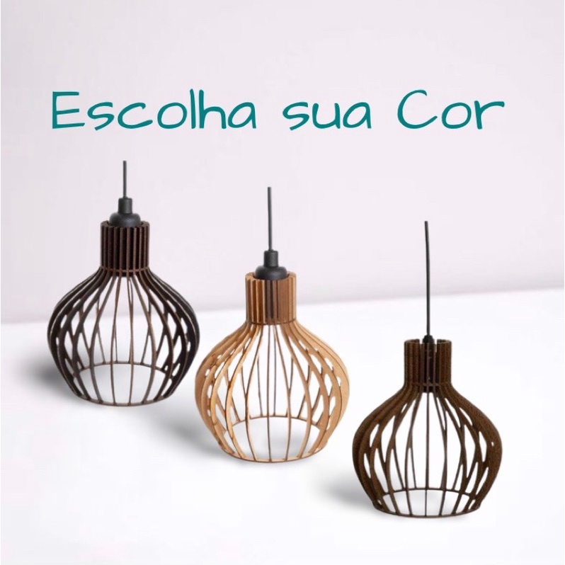 Pendente Luminária de Teto Lustre Madeira PP Decoração Sala Fiação Completa