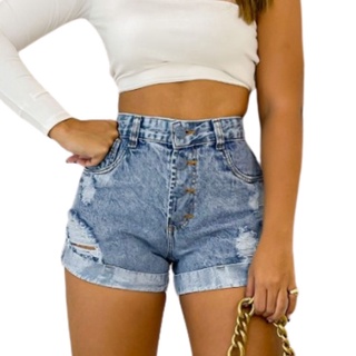Short Cintura Alta Feminino Jeans Barra Dobrada Hot Pants