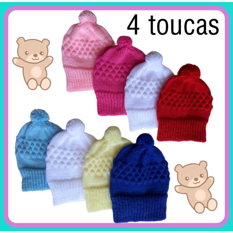 Kit 4 Touca Bebê Tricô Recém Nascido Maternidade Várias Cores à Escolher