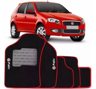 Jogo Tapete Automotivo Carpete Fiat Palio 2008 2009 2010 2011 Logo Bordado - Acabamento Vermelho