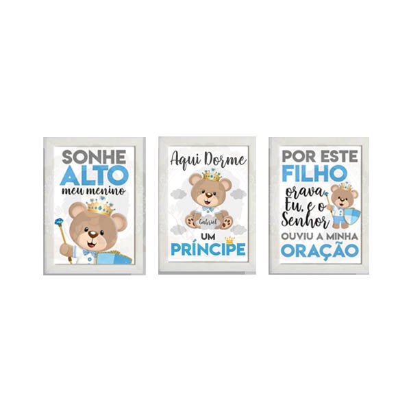 Quadro Decorativo Ursinho Coroa Personalizado Cajado Sonhe Alto Meu Menino Dorme Um Principe