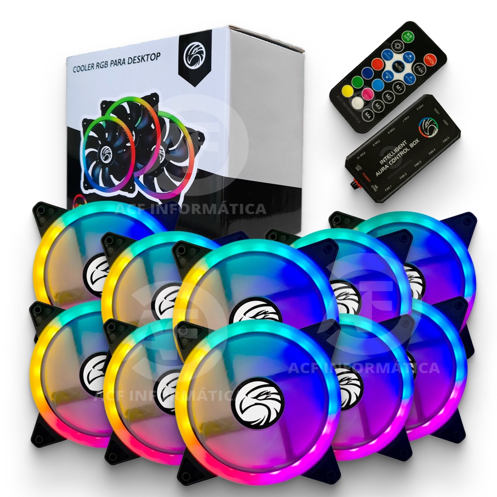 Kit 10 Cooler Fan RGB Brazil Pc C/Controladora Cores + Controle ...