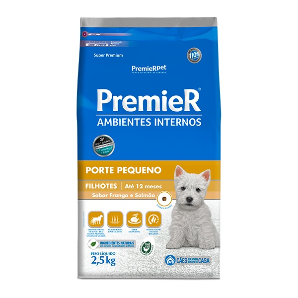 Ração Premier Ambientes Internos para Cães Filhotes de Pequeno Porte Sabor Frango e Salmão - 2,5Kg