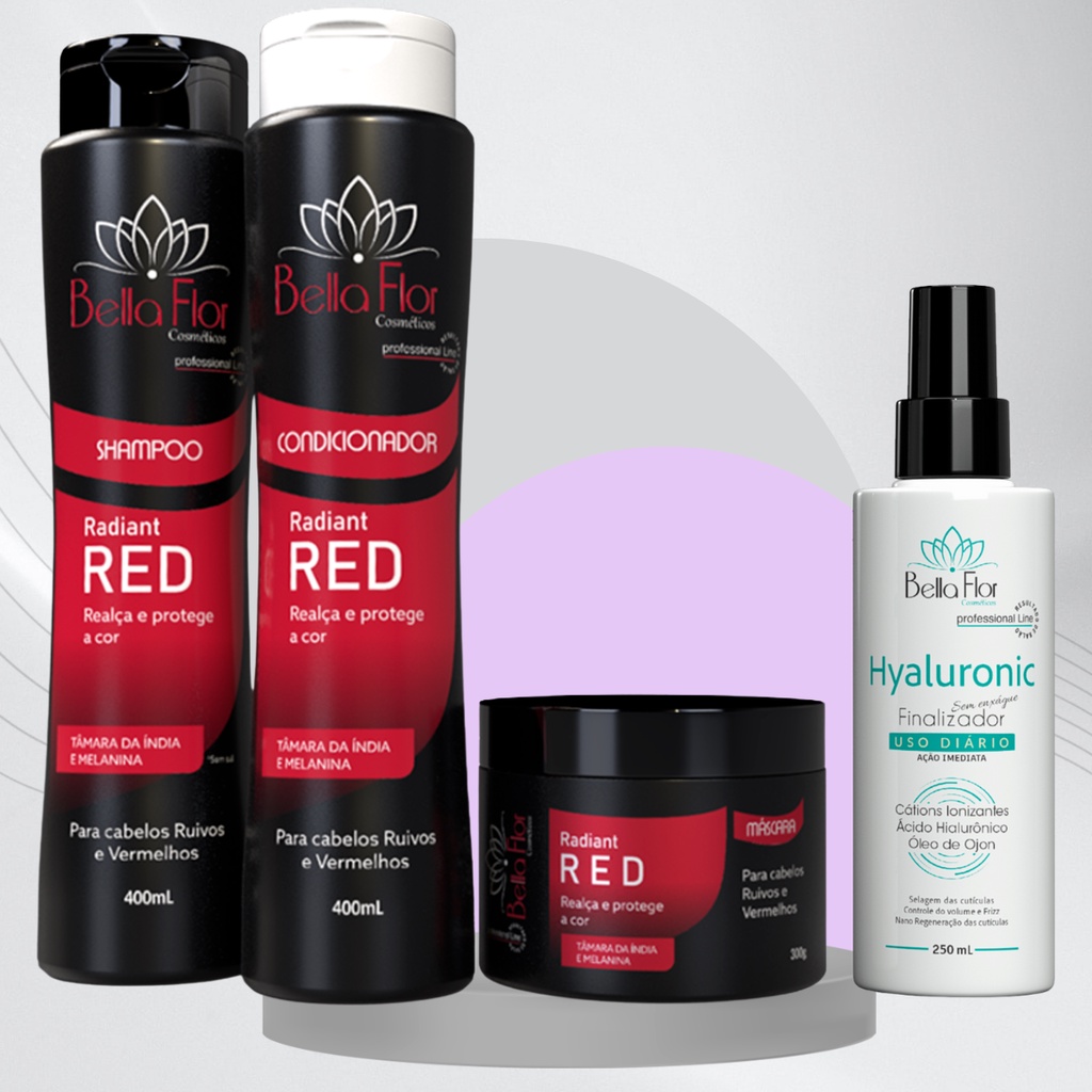 Kit Capilar Red 4 Produtos Shampoo Condicionador Máscara + Finalizador Hyaluronic Bella Flor Ruivos Brilho