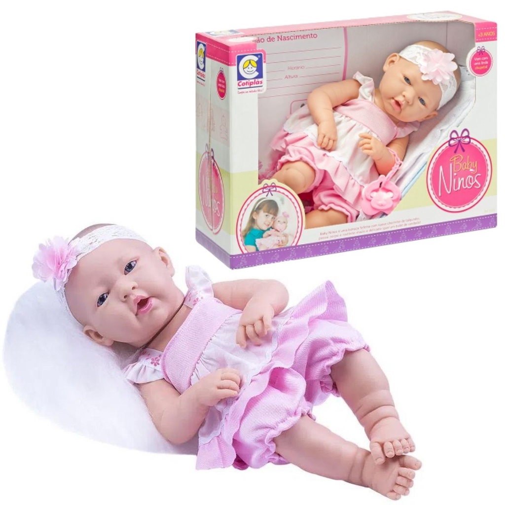 Boneca Tipo Bebe Reborn Baby Ninos Recem Nascida Bonequinha Bebe + Certidão Cotiplás Brinquedos