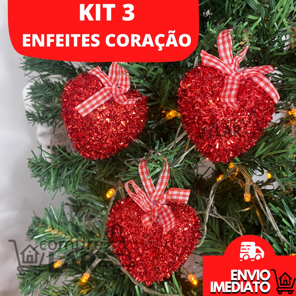 Enfeite Natalino Formato Coração Acabamento Festão Kit Com 3 Unidades Ornamento De Natal Decoração De Natal Brilhoso Pendente Árvore De Natal