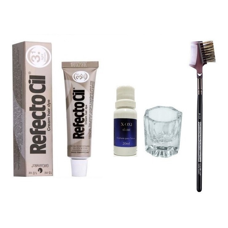 Barba Grisalha Tintura Kit Castanho Claro 3.1 Pincel Copo Refectocil castanho claro 15ml + oxidante henafix 20ml