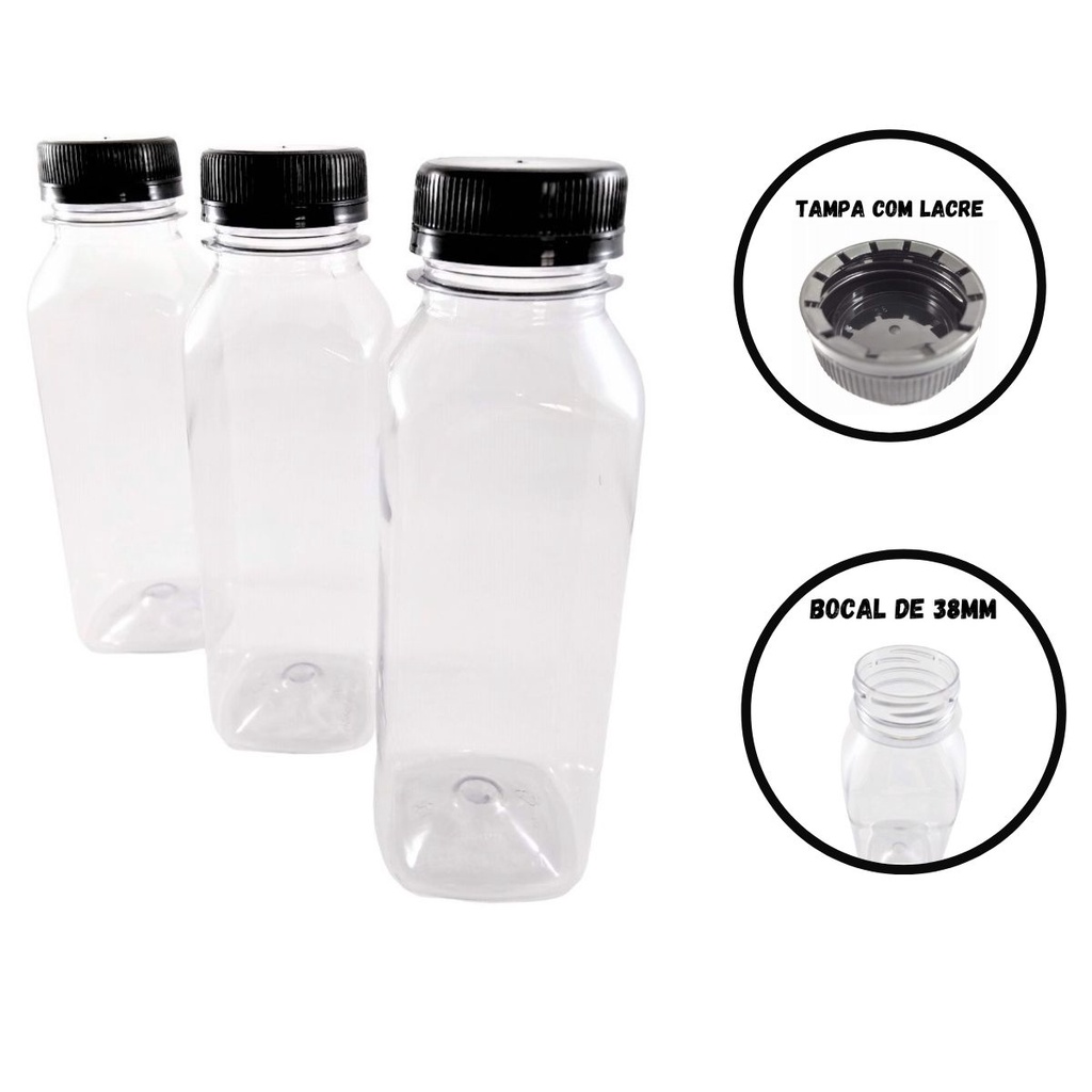 10 Garrafa Pet Plástica Tampa Com Lacre 300ml Descartável Transparente Suco Detox