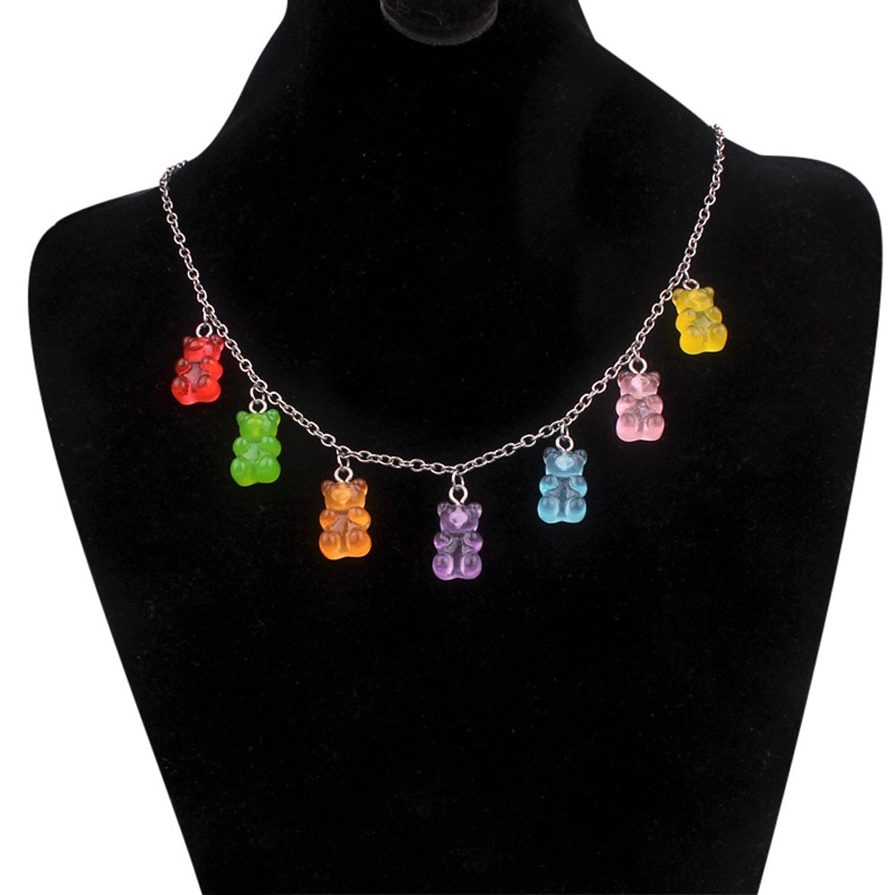 Moda Multicolor Transparente Urso Colar Bonito Doce Cor Resina Urso Gummy Pingente De Colar De Jóias Mulheres