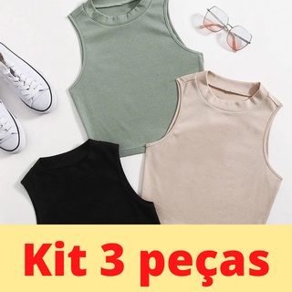 Kit Combo Blusa Cropped Gola Golinha Básica Suplex Roupa Feminina Estilo Moda Gringa Blogu...