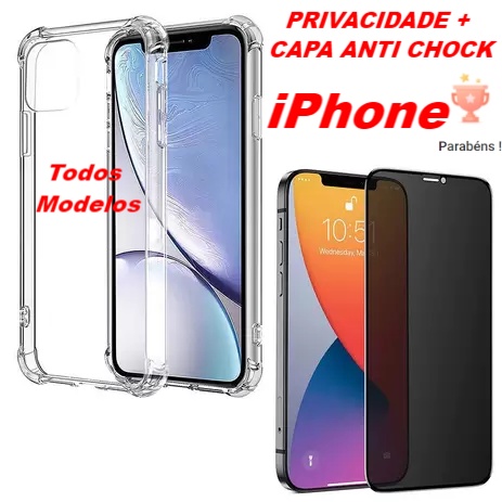 iPhone Kit Película Filme de vidro 3D Privativa Anti Spy Privacidade + Capa Capinha Cace Todos Modelos em Oferta na Shopee