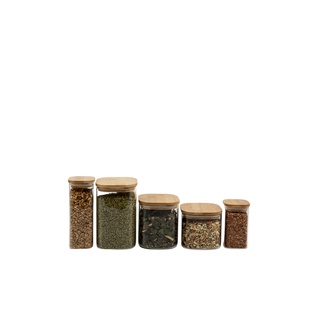Kit 5 potes de vidro com tampa de bambu herméticos empilháveis quadrados - Oikos
