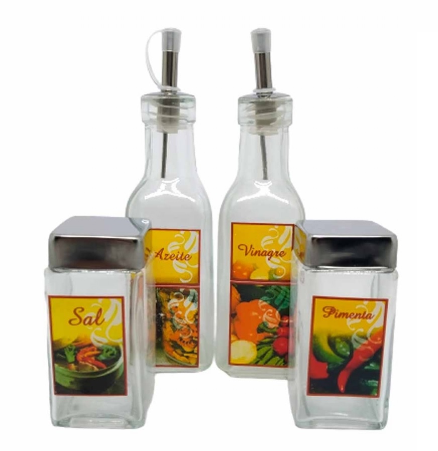 Kit Galheteiro de Mesa 4 Peças de Vidro Sal Azeite Vinagre Pimenta - Wincy