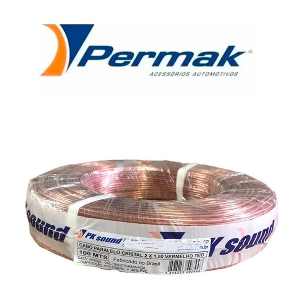 Rolo Fio Paralelo Cristal 2x1,5mm 100 Metros Cabo Som Automotivo Cristal Alta condução 100% Cobre Original Permak