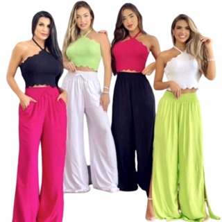 Calça Pantalona Feminina Fendas Laterais Cintura Cordão Forrado Tendências Moda em Oferta na Shopee