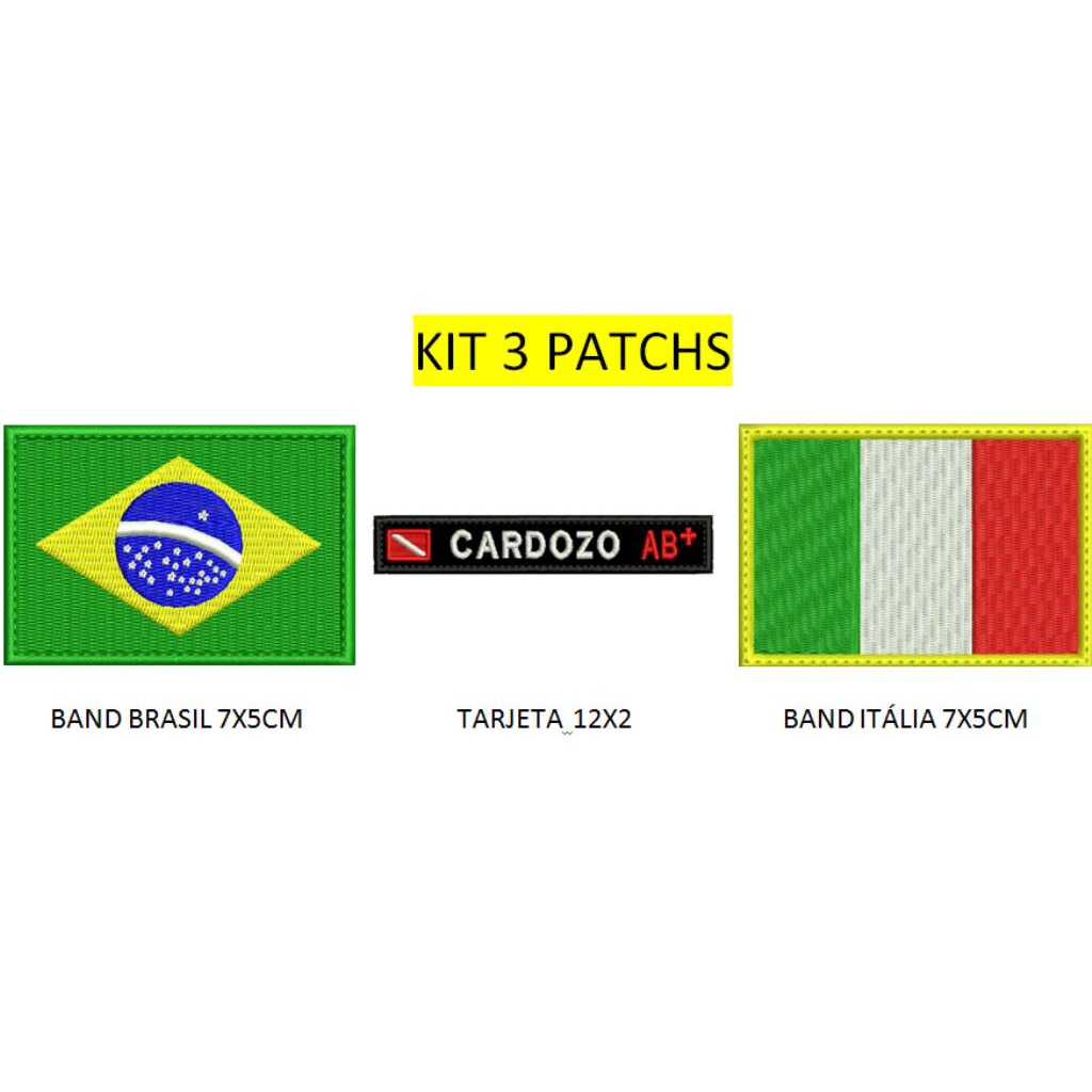 3 patchs bordado bandeira brasil + itália + tarjeta mergulho com seu nome com ou sem CARRAPICHO e também termocolante