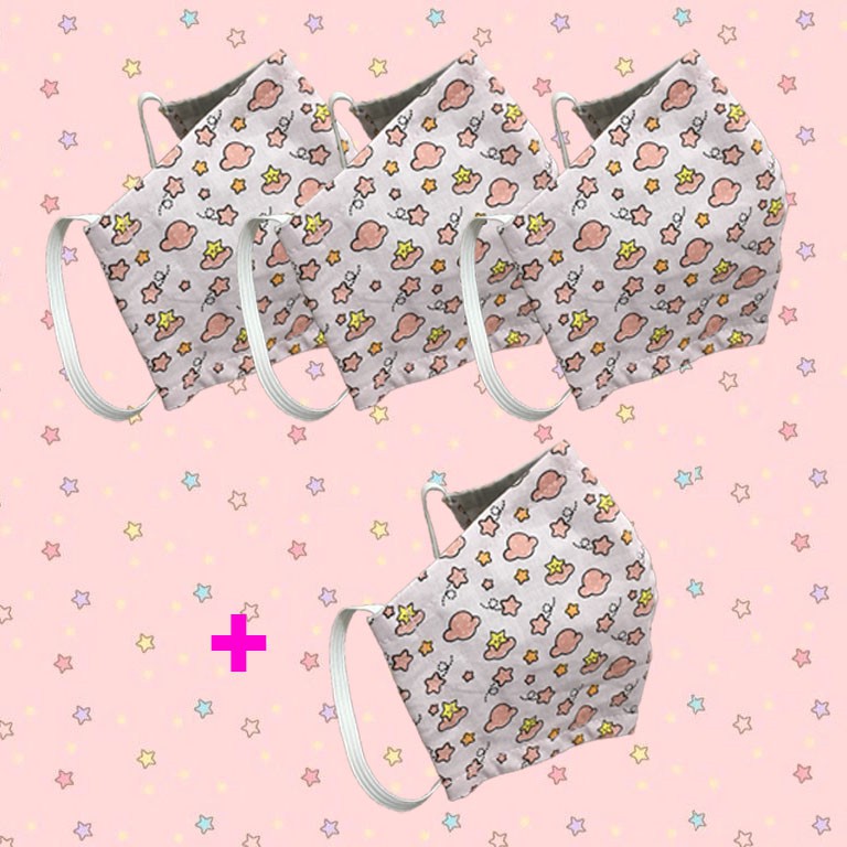 Promoção leve 4 pague 3 - Máscara de Proteção Facial Infantil Dupla Camada e Elástico Ajustável Cor de Rosa Estrelas