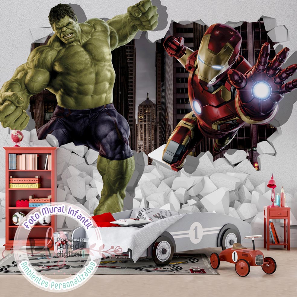 Papel de Parede Foto Mural Infantil Personagens Heróis Hulk E Homem De Ferro M² Imagem Completa