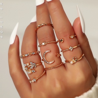 [AORE] Conjunto de 10 unidades / conjunto doce cristal folha lua flor estrela coração abertura moda ouro imitação conjunto de pérolas para mulheres anel