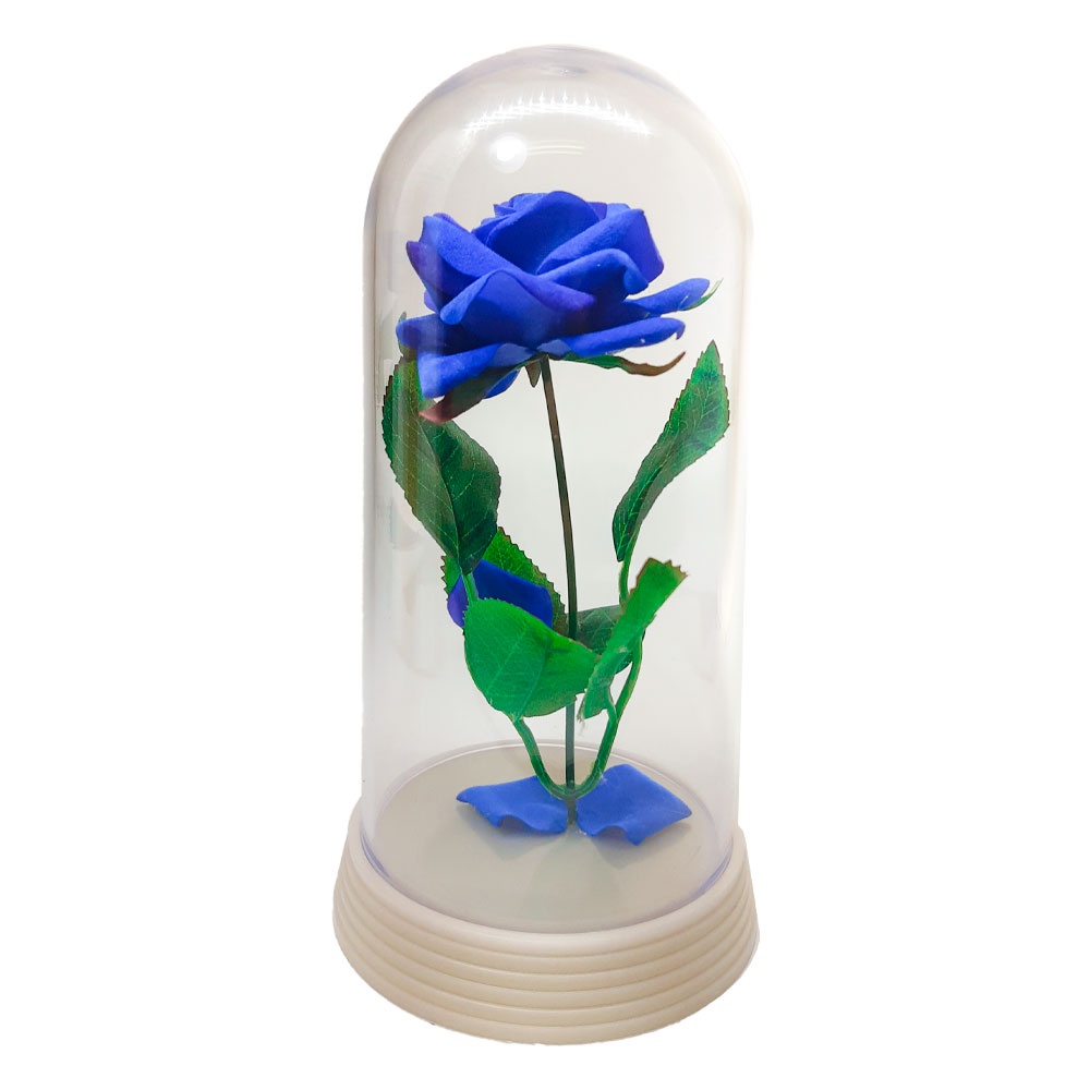 Redoma com Rosa Azul, inspirada na A Rosa Encantada do filme a A Bela e A Fera e do O Pequeno Príncipe.