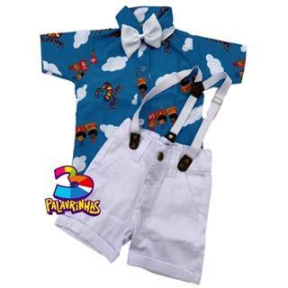 Roupa temático TRES PALAVRINHAS Festa menino conjunto Camisa 3 PALAVRINHA Gravata Bermuda e Suspensório em Oferta na Shopee