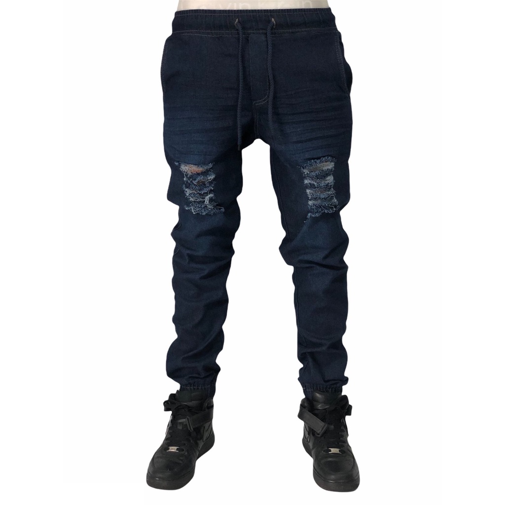 Calça Jogger Masculina Rasgada Jeans Escuro Delavê - Black Friday