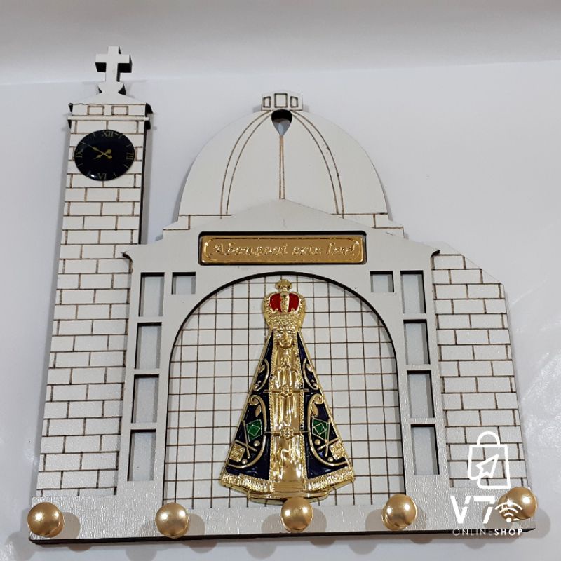 Porta Chaves Branco Basílica Com Nossa Senhora Aparecida e Torre Madeira e Mdf