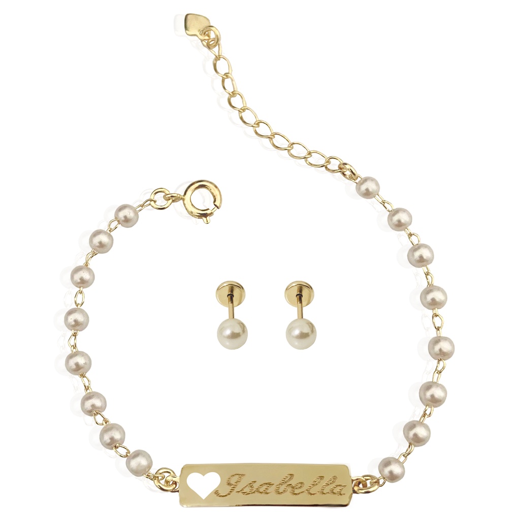Kit Infantil Brinco e Pulseira Antialergico com Nome Gravado Banhado a Ouro 18k + Garantia