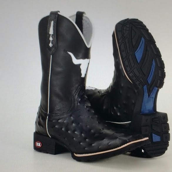 Bota Country Texana Masculina Couro Legitimo Modelo Avestruz Cara De Boi Preta