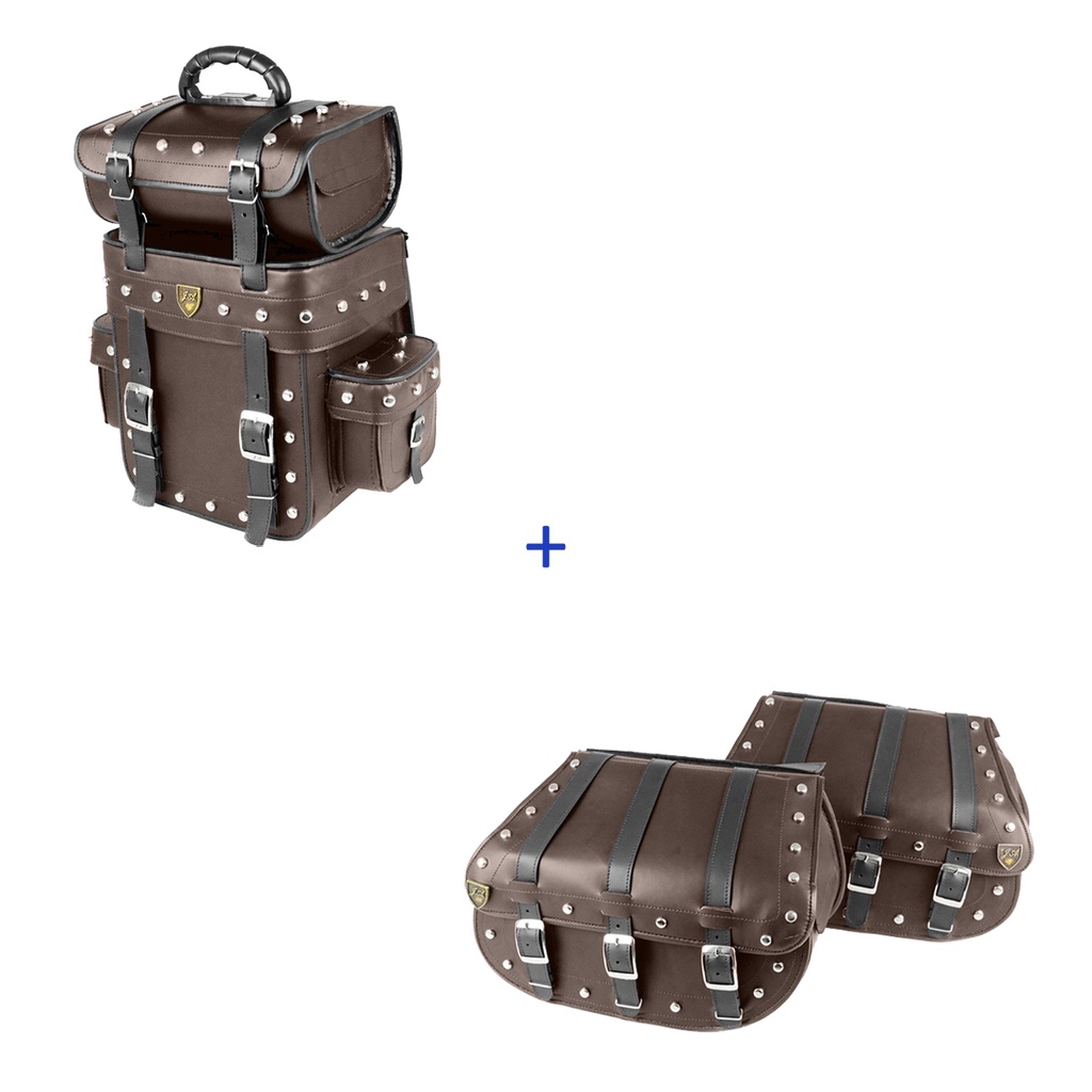 Kit Viagem Alforge Traseiro 25 Litros Couro Sintético Marrom C/ Cravos + Alforge Lateral 3F 25 Litros Couro Sintético Marrom C/ Cravos