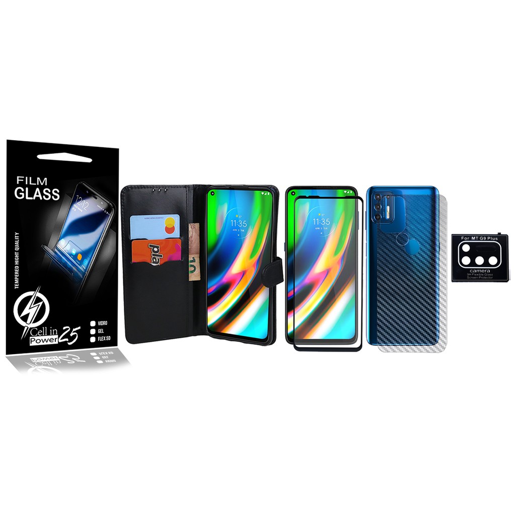 Capa Capinha Case Flip Carteira PRETA + Vidro 3D + Skin Fibra Carbono + Pelicula de camera Moto G9 Plus XT2087 Tela 6.8