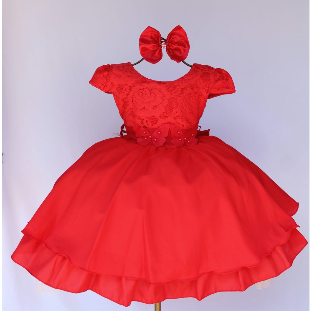 Vestido Festa Infantil Princesa Realeza Luxo  Aniversario Vermelho Com Tiara .
