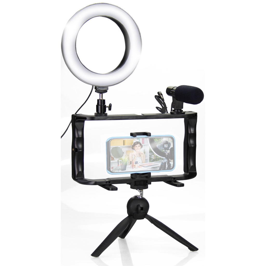 Kit Ring Light Celular c/ Microfone e Tripé + Suporte Estabilizador