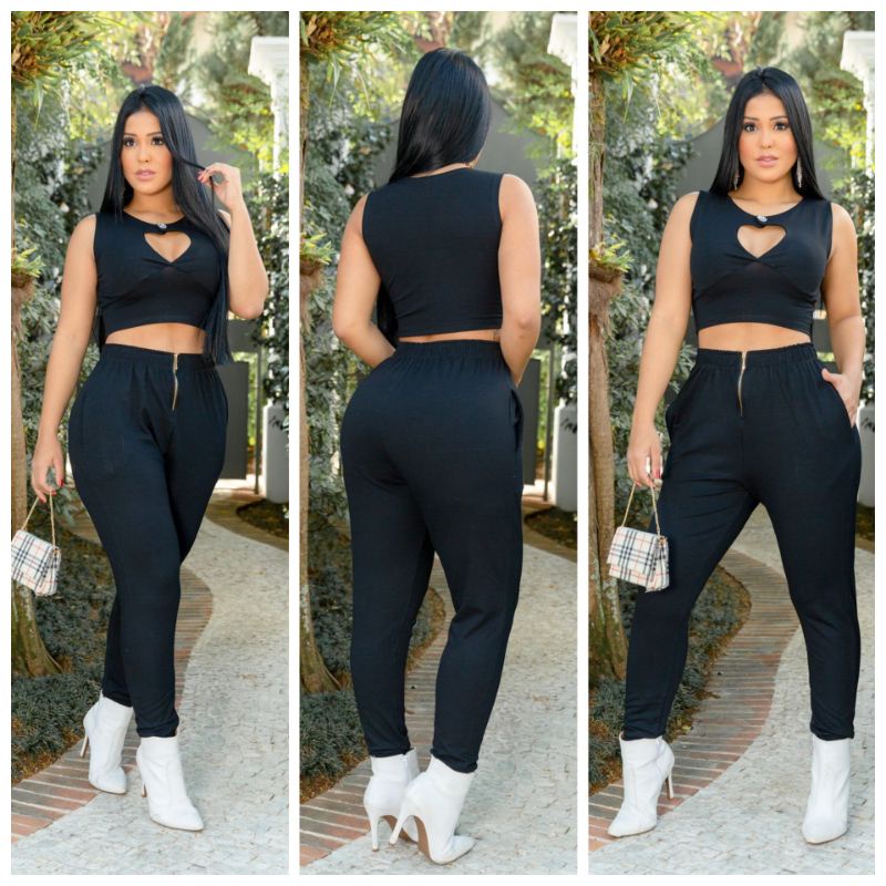 conjunto jogger , calça jogger de zíper com blusinha Cropped sem bojo