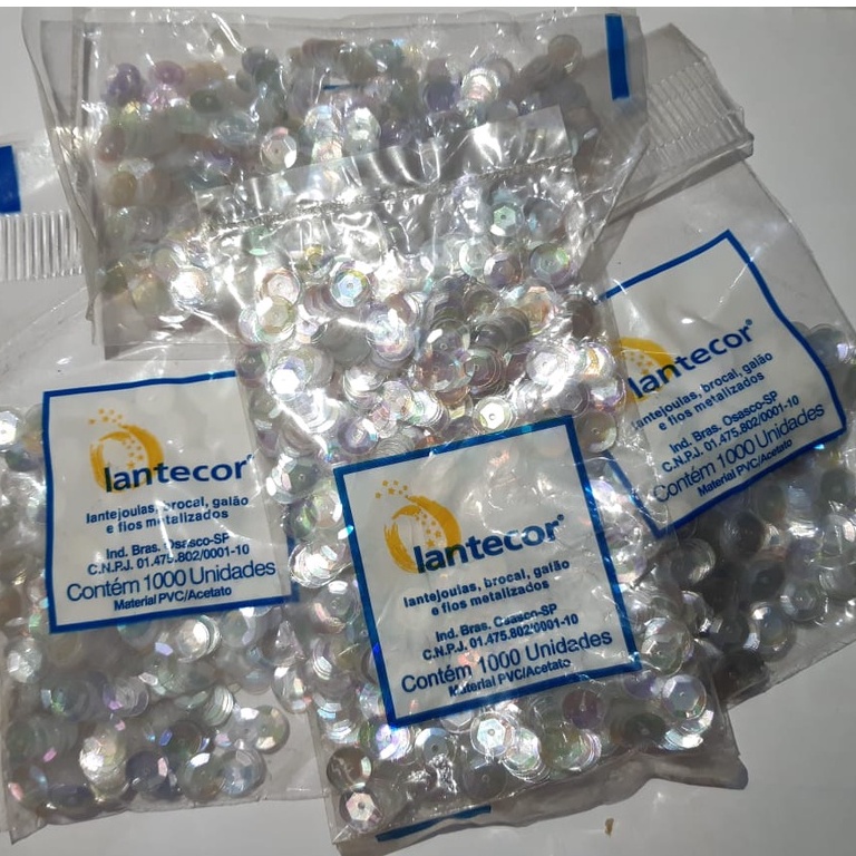 lantejoulas transparentes, brocal , galão e fios metalizados PVC/Acetato 08mm 1000 unidades