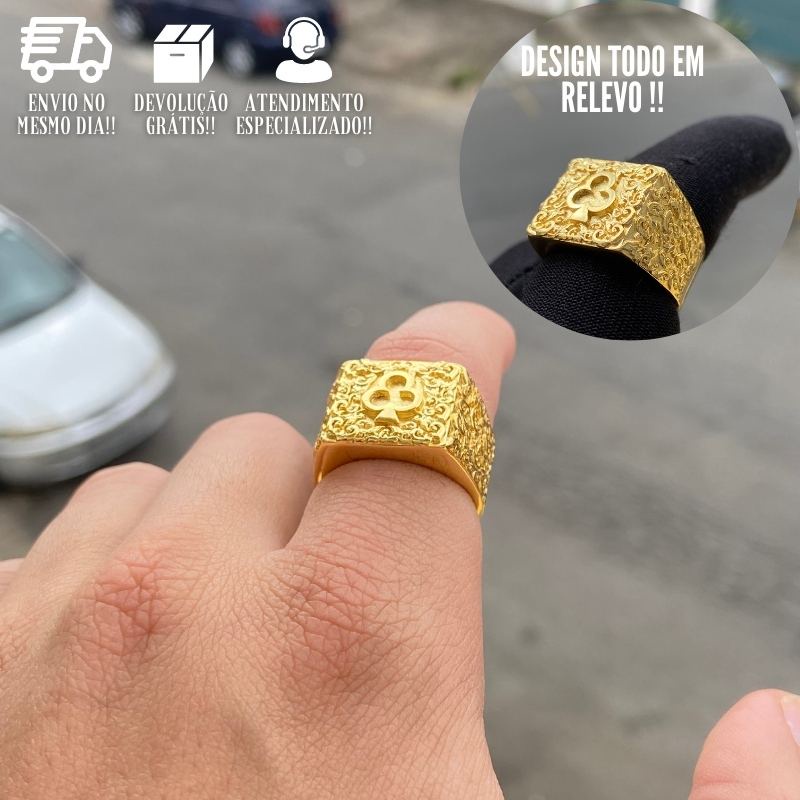 Anel Masculino de Ouro 24K Naipe de Paus Detalhado Banhado a Ouro