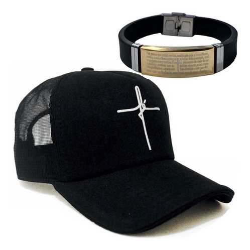 Boné De Tela Preto Fé + Pulseira Borracha Pai Nosso Aço