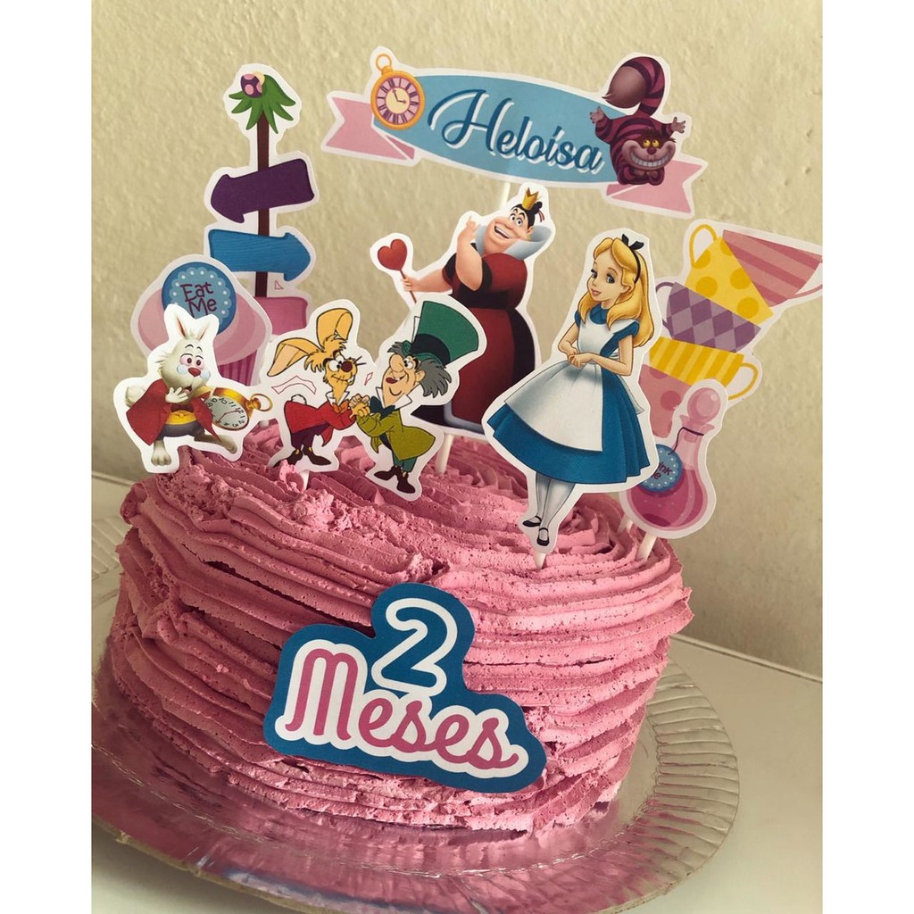 Topo Topper De Bolo Alice no pais das maravilhas Personalizado Colado com palitos em Oferta na Shopee