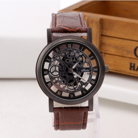 Relógio vintage masculino - pulseira de couro com mostrador oco