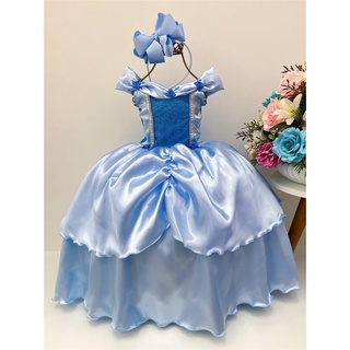 Fantasia Infantil Frozen E Cinderela Renda Azul Brilho Para Festa De Aniversário.