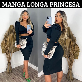 Conjunto Feminino Conjunto Saia Midi Cropped Manga Princesa Manga Bufante Deyalhe Lindo no Decote