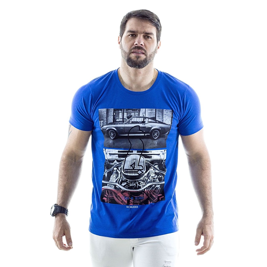 CAMISETA CAMISA GOLA REDONDA CARECA TORA BORA ESTAMPA MUSTANG COR AZUL ROYAL ALGODÃO